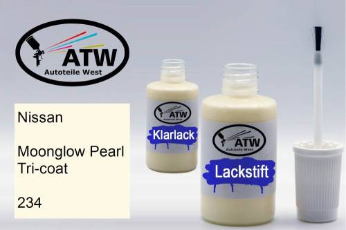 Nissan, Moonglow Pearl Tricoat, 234: 20ml Lackstift + 20ml Klarlack - Set, von ATW Autoteile West.